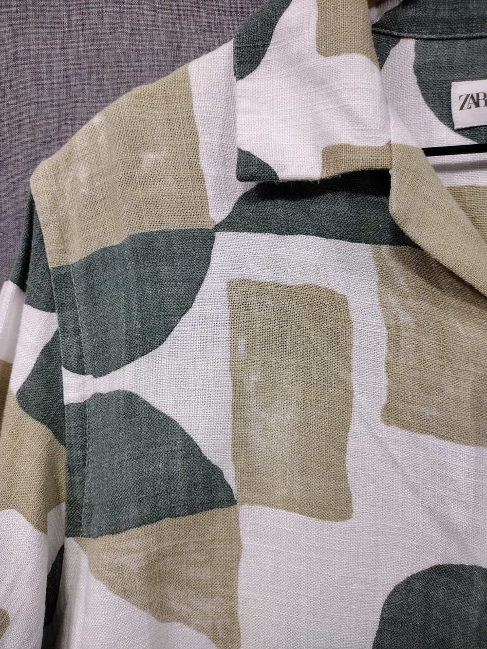Zara Linen Olive & White Short Sleeve Button-Down Shirt Mens M Boho Retro 90s - Picture 10 of 10